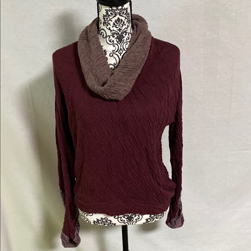 Bordeaux  Anthropologie Cowl Neck Sweater with Relaxed Fit and lace details